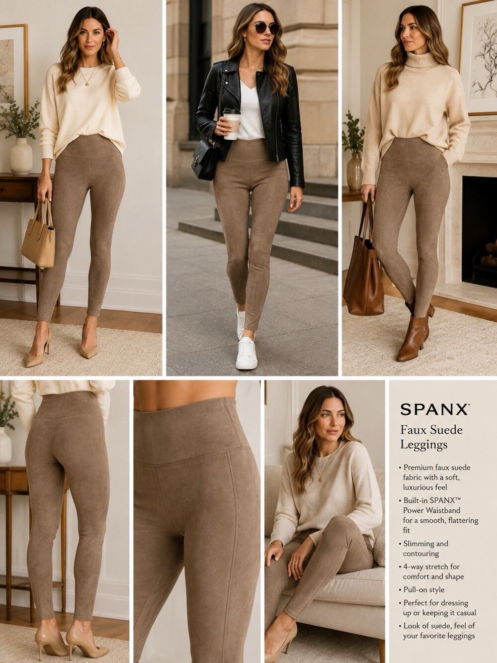 SPANX Neutral Taupe Soft Faux Suede Leggings XL High Rise Body Contouring